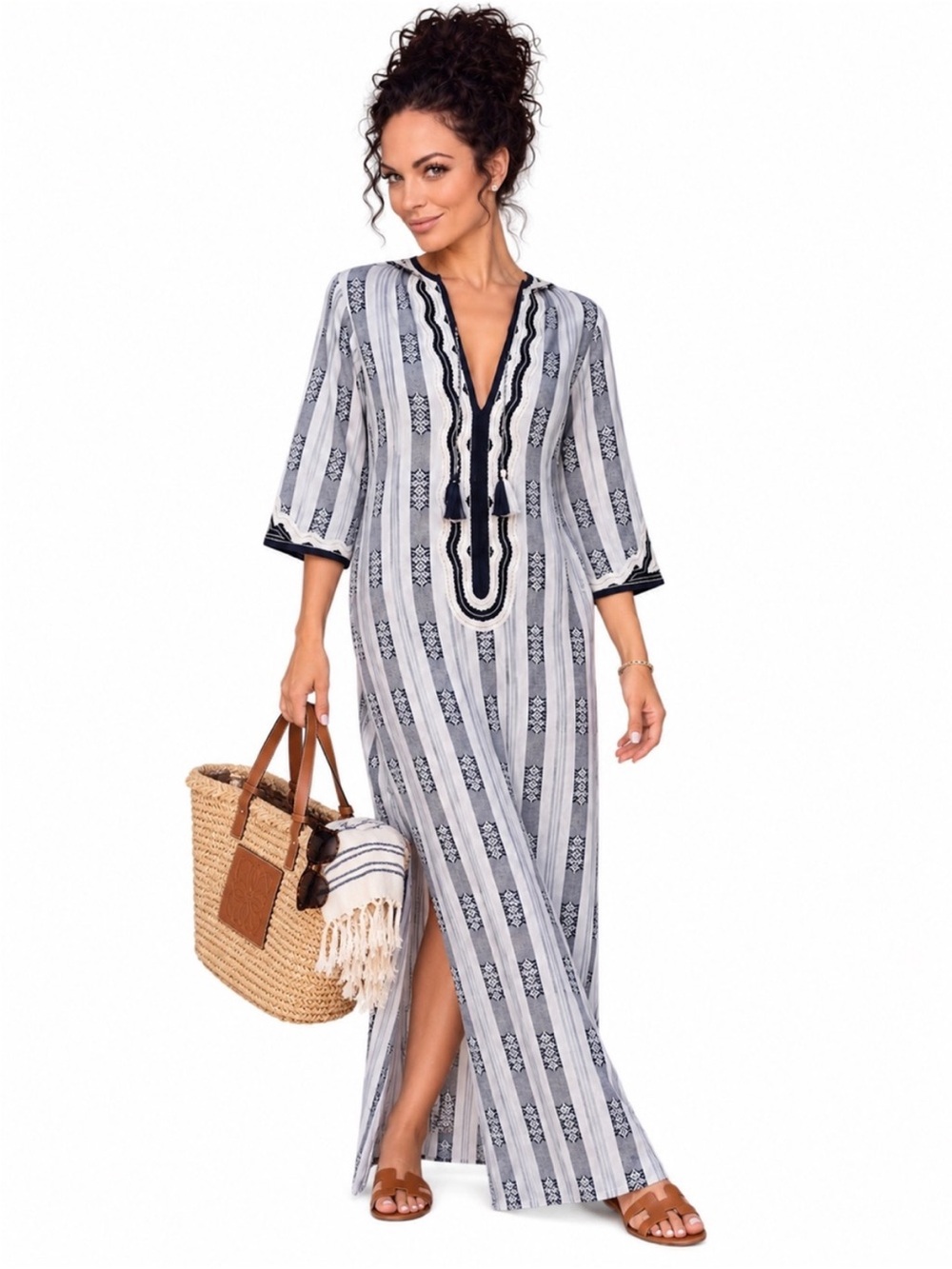 TORY BURCH Corbin Hooded White Navy & Gold Striped Runway Maxi Kaftan Tunic